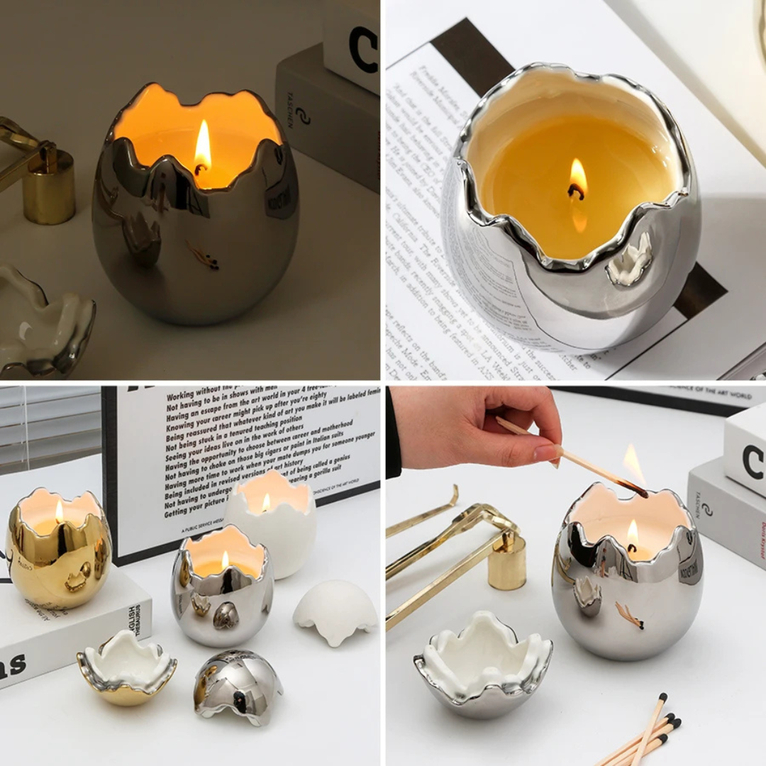 Luxury Eggshell -Style Ceramic Jar ( comes without a candle ) - Gold / Silver Home Decor