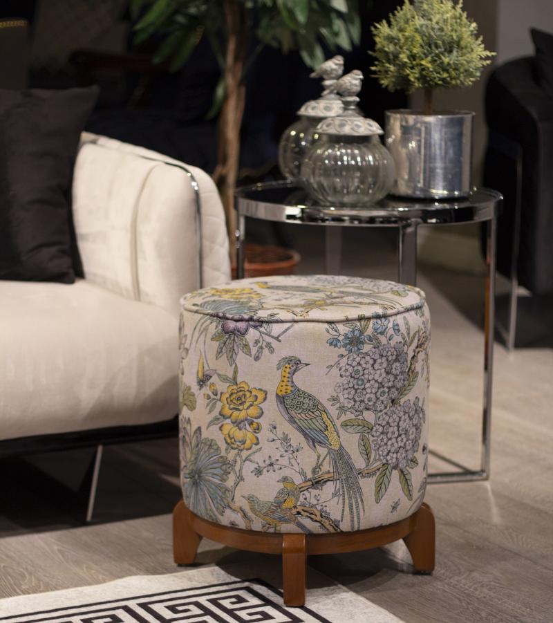 Yellow Floral & Bird Suede Pouf