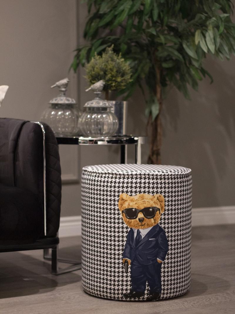 Luxury Suede Pouf - Monochrome Houndstooth & Tailored Bear Design