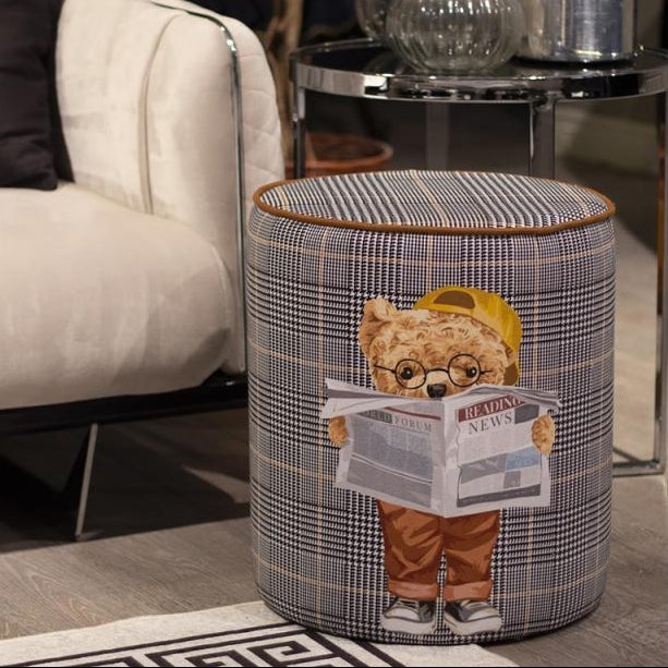 Luxury Suede Pouf - Grey Teddy Bear Reading Newspaper Design