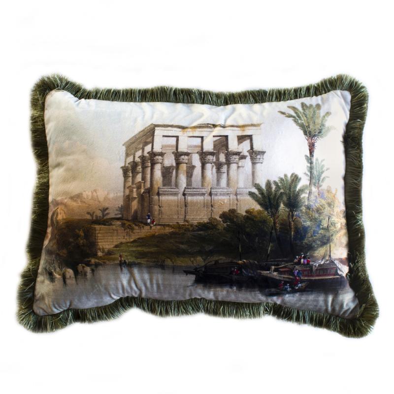Green Old Landscape Velvet Cushion