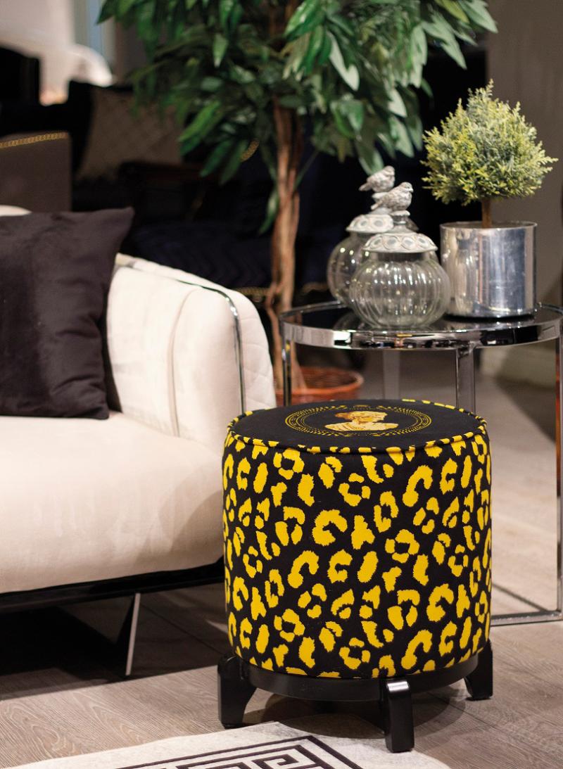 Black & Gold Leopard Classical Portrait Pouf - Luxury Ottoman