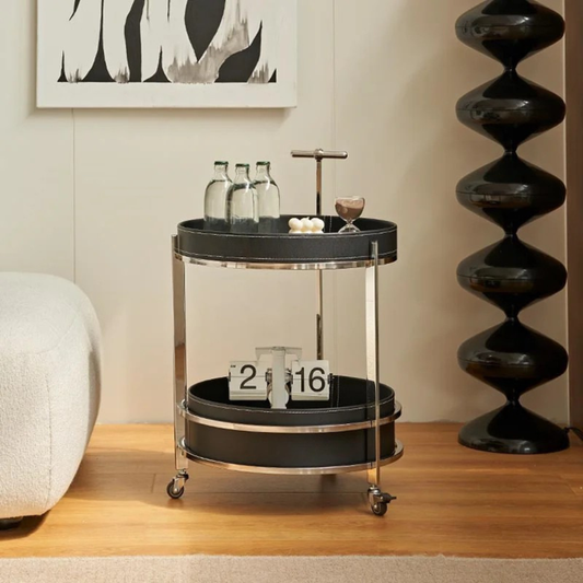 Modern Saddle Leather Round Coffee Table - Movable Shelving Trolley Side Table