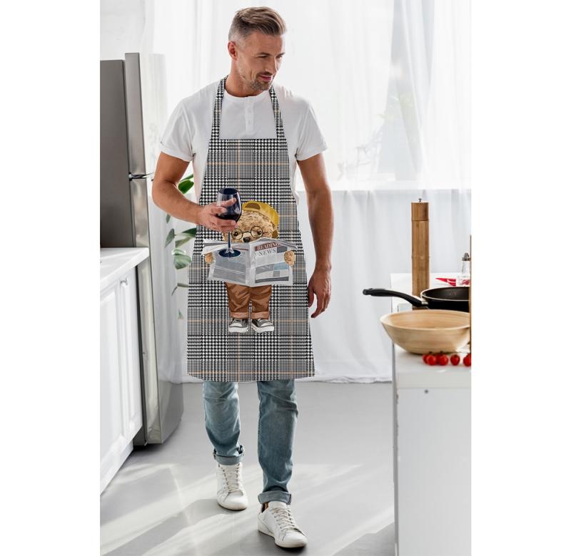 Luxury Fine Linen Apron - Distinguished Teddy Bear & Plaid Motif