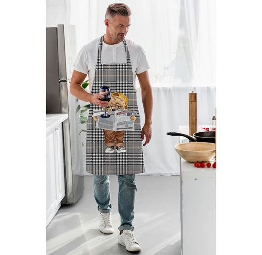 Luxury Fine Linen Apron - Distinguished Teddy Bear & Plaid Motif