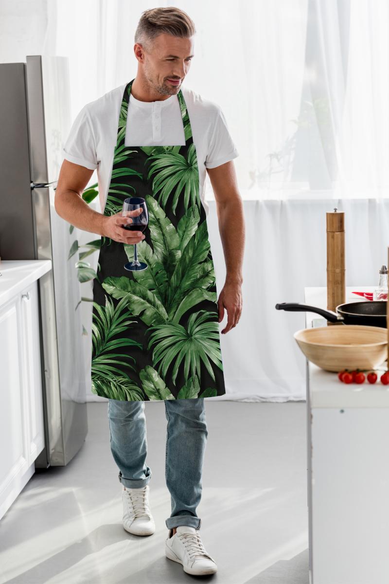 Black Tropical Leaf Fine Linen Kitchen Apron