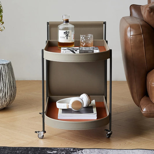 Luxury U Saddle Leather Side Table - Modern Round Stainless Steel Accent Table