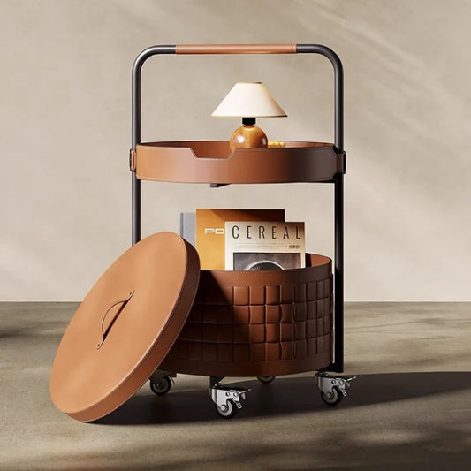 Modern Saddle Leather Round Coffee Table - Movable Shelving Trolley Side Table