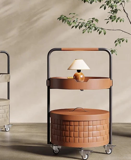 Modern Saddle Leather Round Coffee Table - Movable Shelving Trolley Side Table