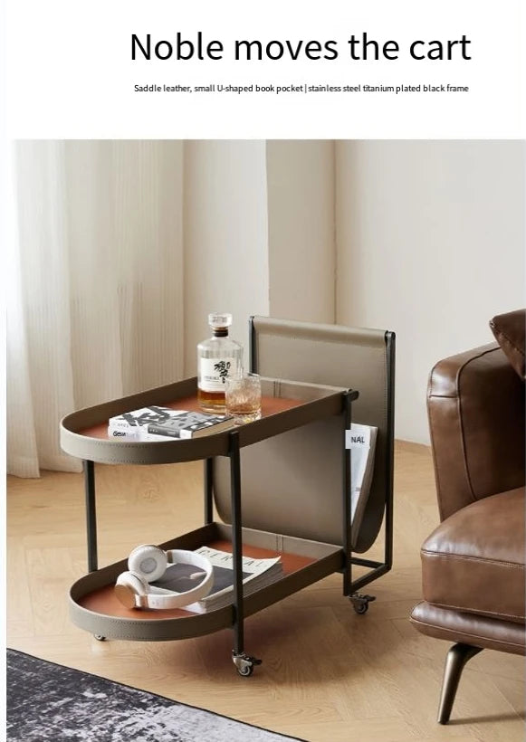 Luxury U Saddle Leather Side Table - Modern Round Stainless Steel Accent Table