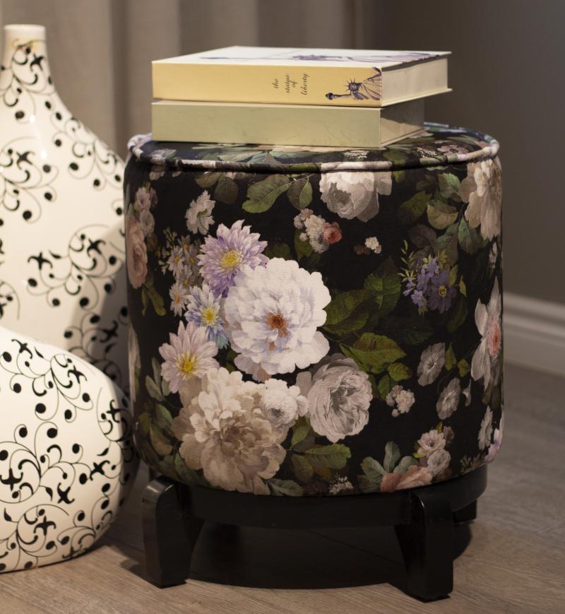 Black Flower Design Suede Pouf