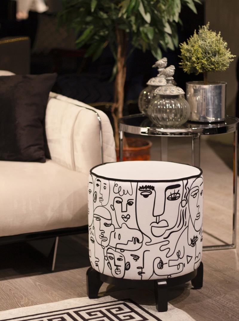 Luxury Suede Pouf - Abstract Line Art & Minimalist Wood Base