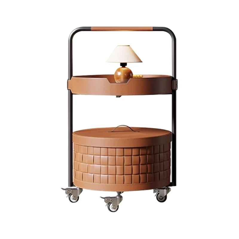 Modern Saddle Leather Round Coffee Table - Movable Shelving Trolley Side Table