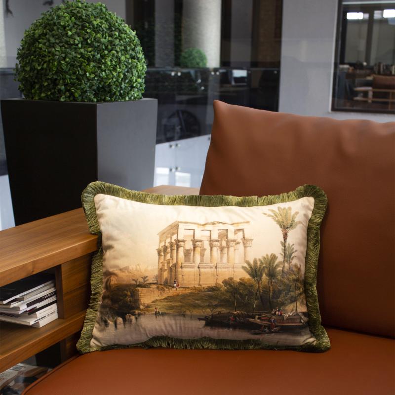 Green Old Landscape Velvet Cushion
