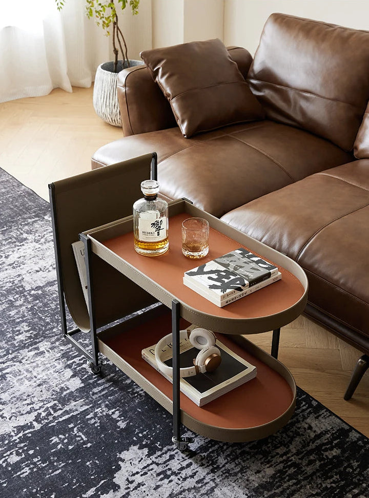 Luxury U Saddle Leather Side Table - Modern Round Stainless Steel Accent Table
