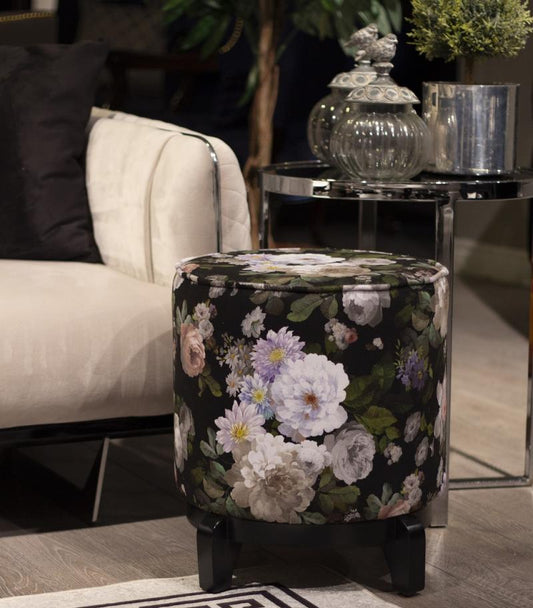 Black Flower Design Suede Pouf