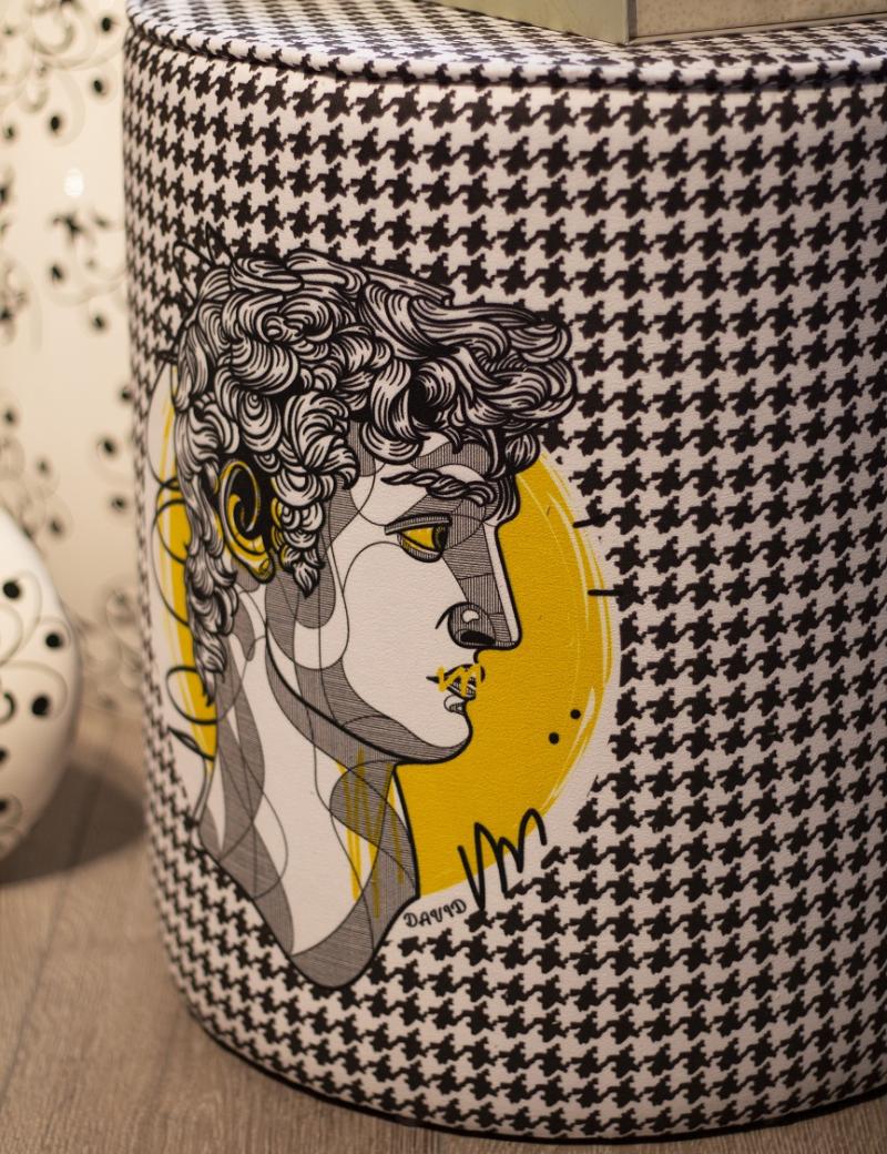Luxury Suede Pouf - Renaissance David Art & Houndstooth Design