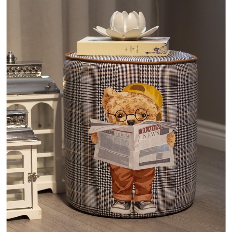 Luxury Suede Pouf - Grey Teddy Bear Reading Newspaper Design