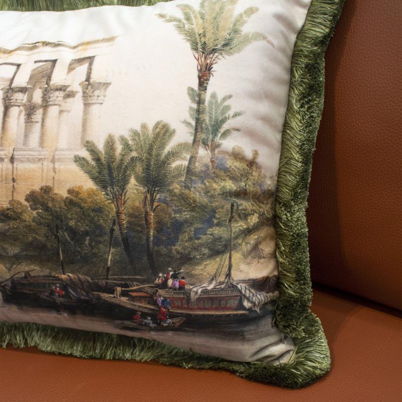 Green Old Landscape Velvet Cushion