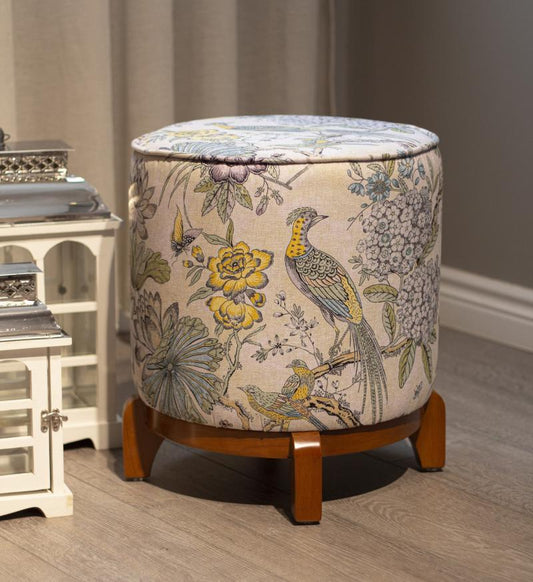 Yellow Floral & Bird Suede Pouf
