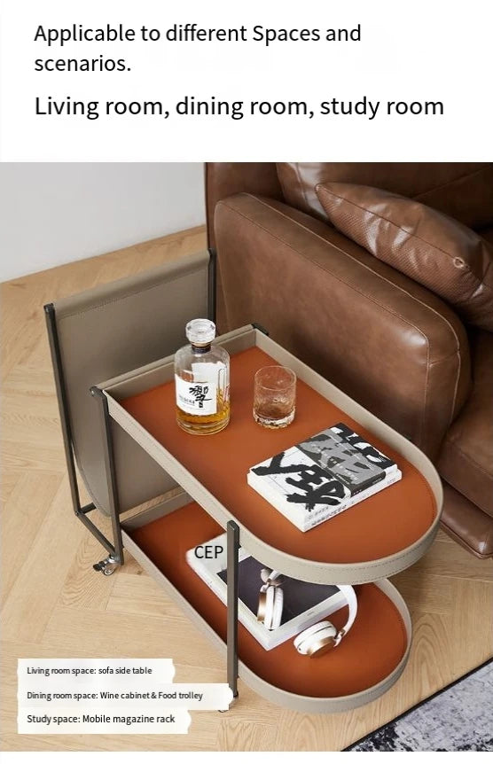 Luxury U Saddle Leather Side Table - Modern Round Stainless Steel Accent Table