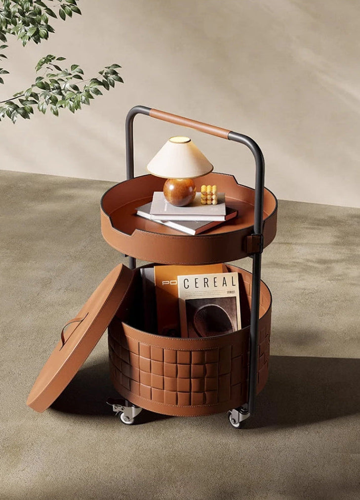 Modern Saddle Leather Round Coffee Table - Movable Shelving Trolley Side Table