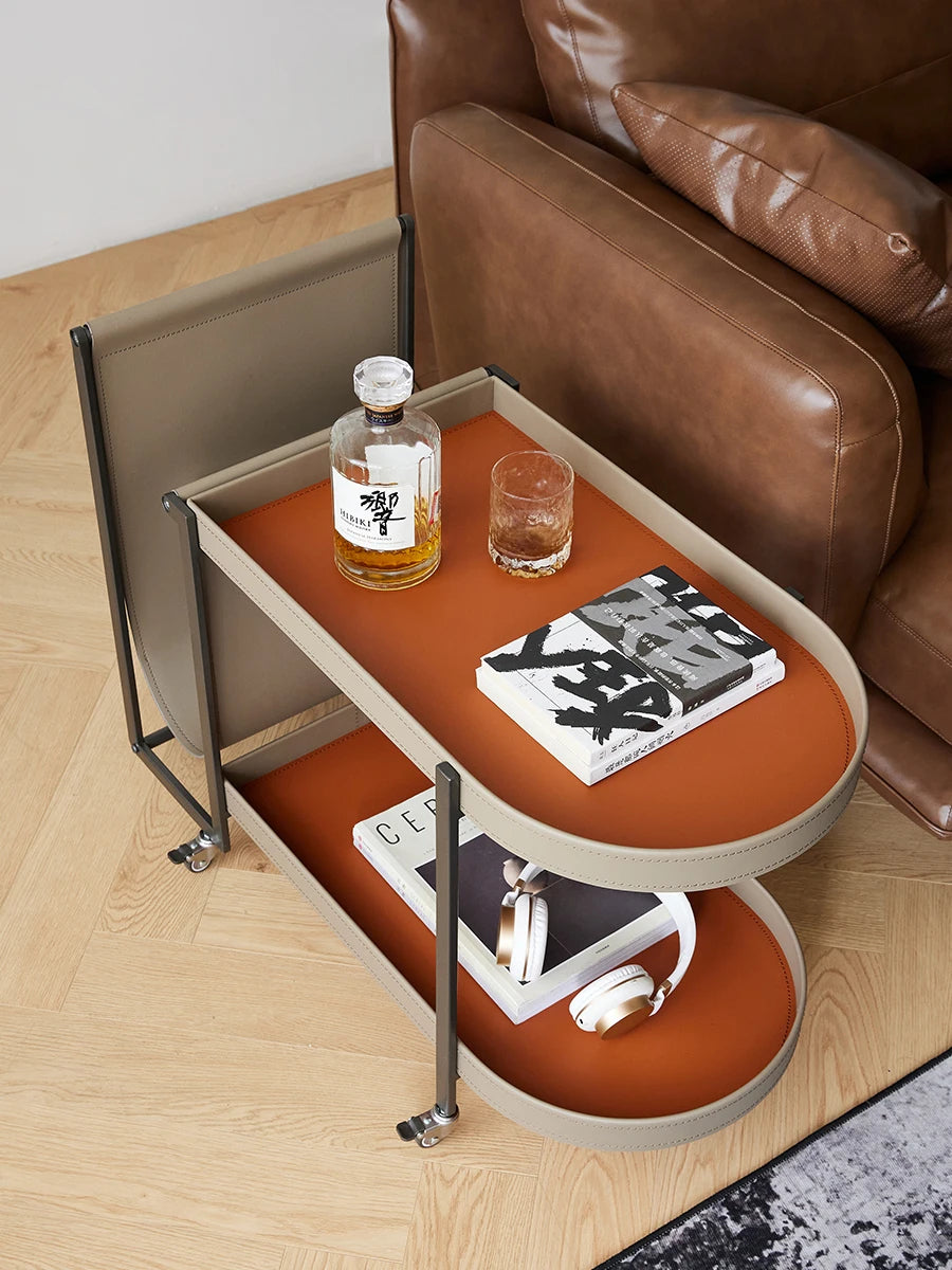 Luxury U Saddle Leather Side Table - Modern Round Stainless Steel Accent Table