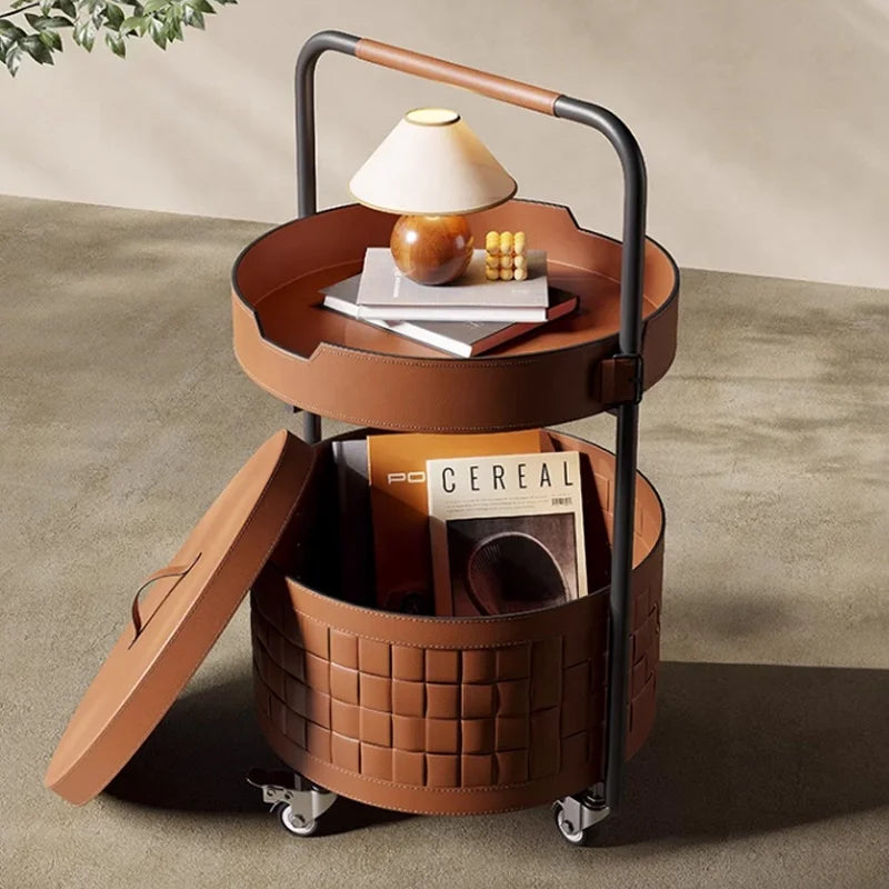 Modern Saddle Leather Round Coffee Table - Movable Shelving Trolley Side Table