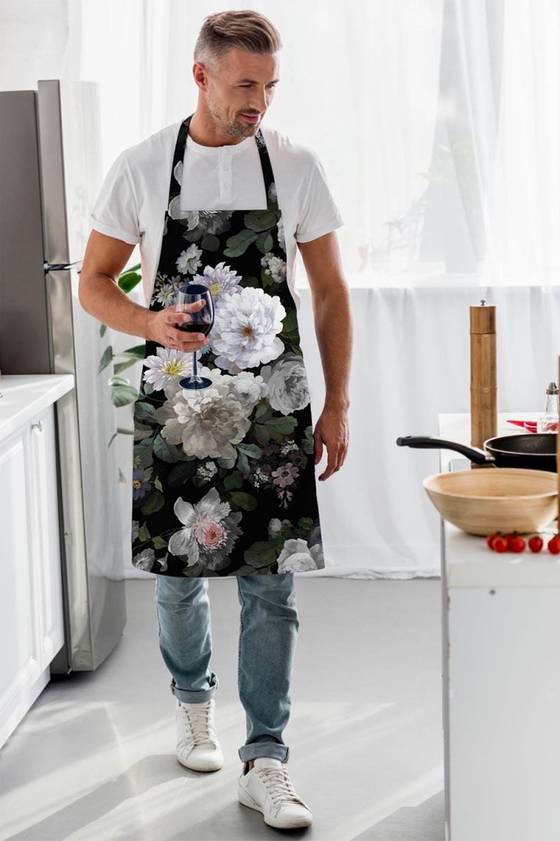 Black Flower Design Fine Linen Kitchen Apron