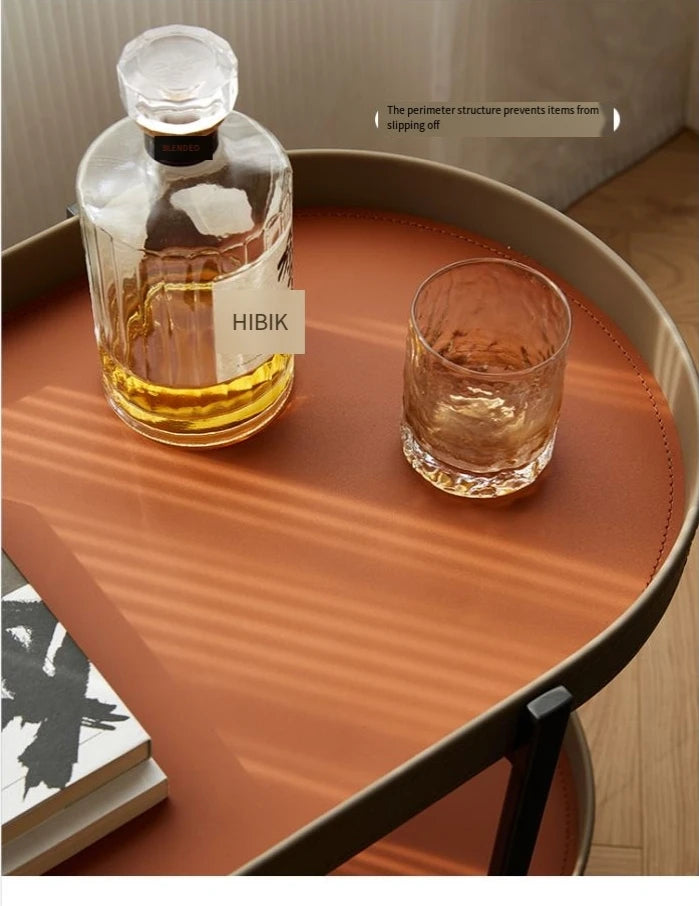 Luxury U Saddle Leather Side Table - Modern Round Stainless Steel Accent Table