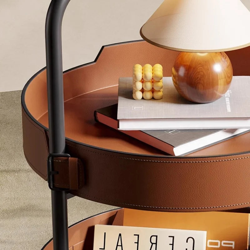 Modern Saddle Leather Round Coffee Table - Movable Shelving Trolley Side Table