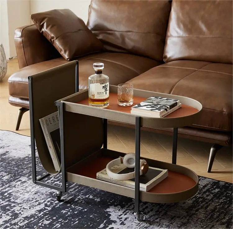 Luxury U Saddle Leather Side Table - Modern Round Stainless Steel Accent Table