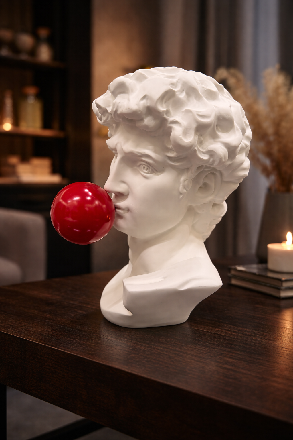Modern Classical David Bust Statue with Red Bubblegum