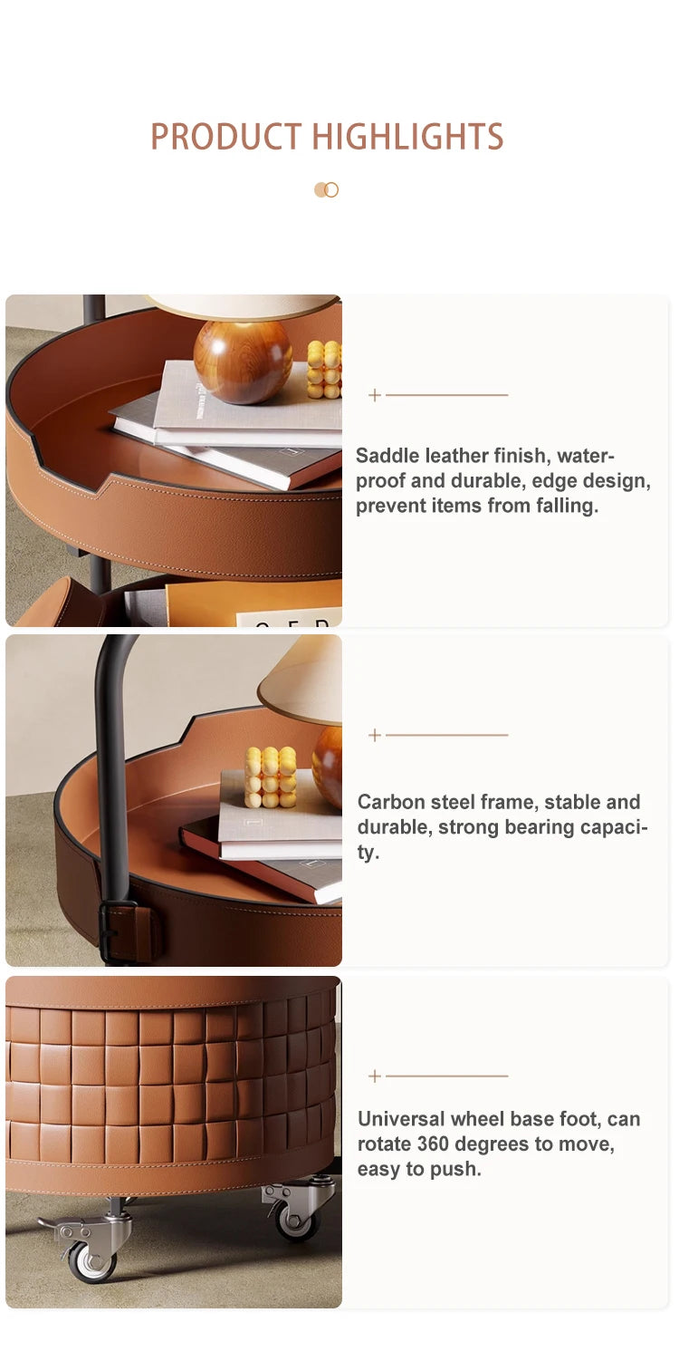 Modern Saddle Leather Round Coffee Table - Movable Shelving Trolley Side Table