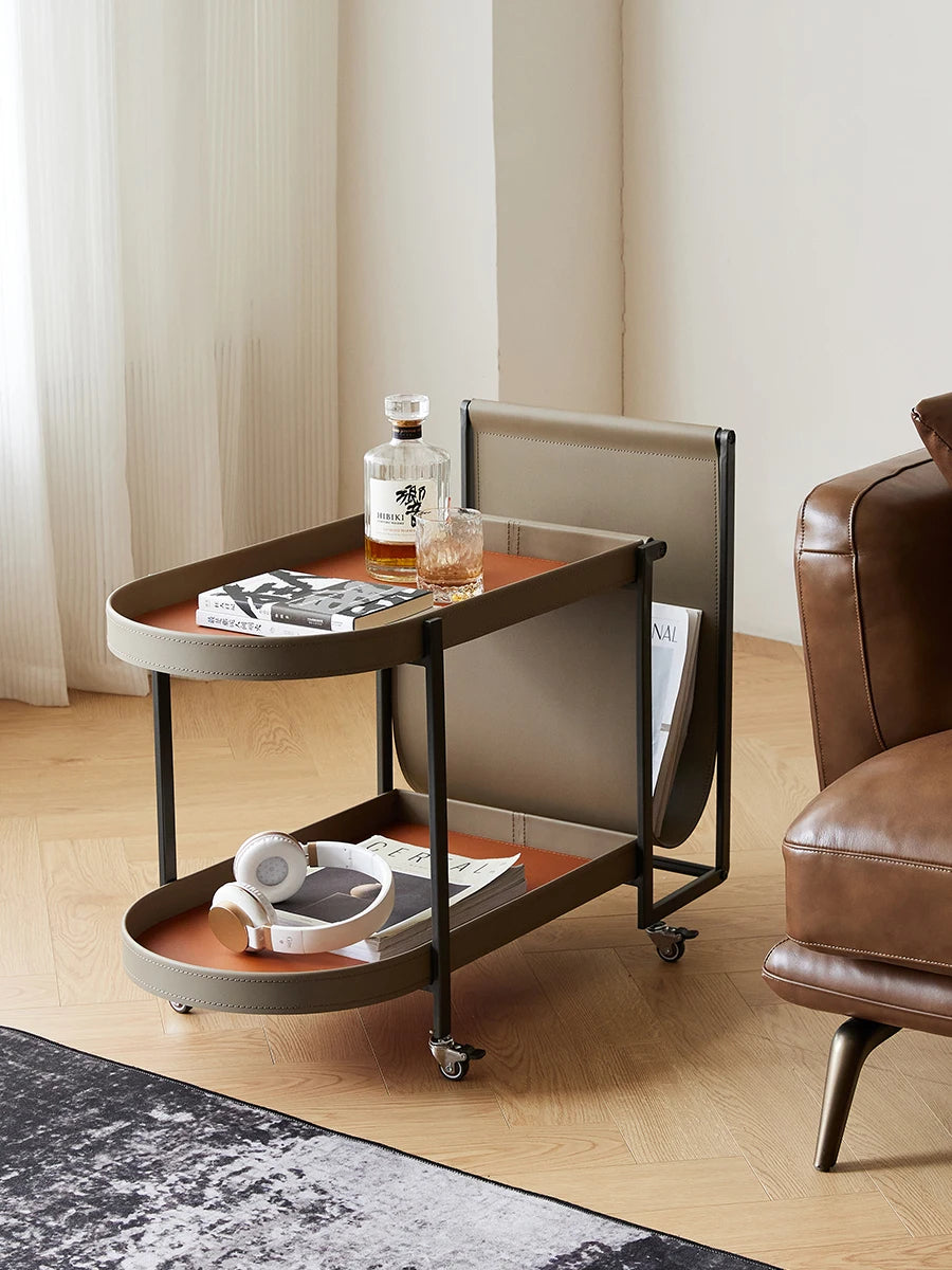 Luxury U Saddle Leather Side Table - Modern Round Stainless Steel Accent Table
