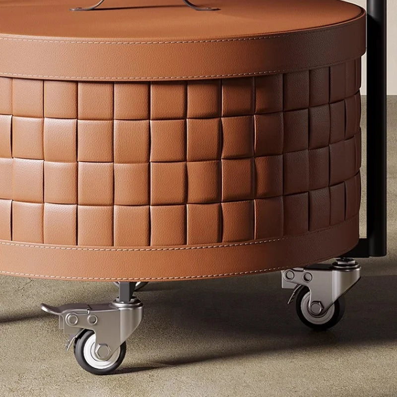 Modern Saddle Leather Round Coffee Table - Movable Shelving Trolley Side Table