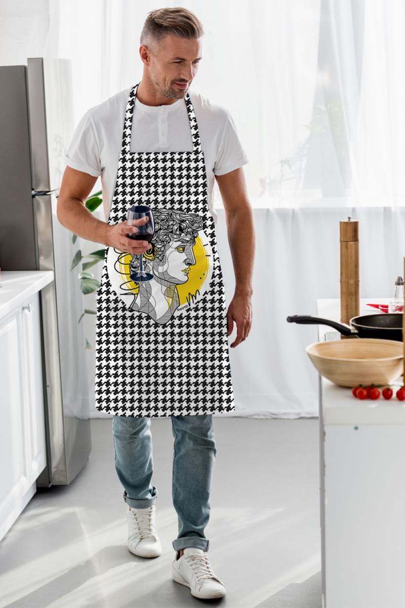 Luxury Fine Linen Apron - Renaissance David & Monochrome Houndstooth