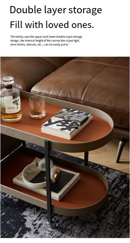 Luxury U Saddle Leather Side Table - Modern Round Stainless Steel Accent Table