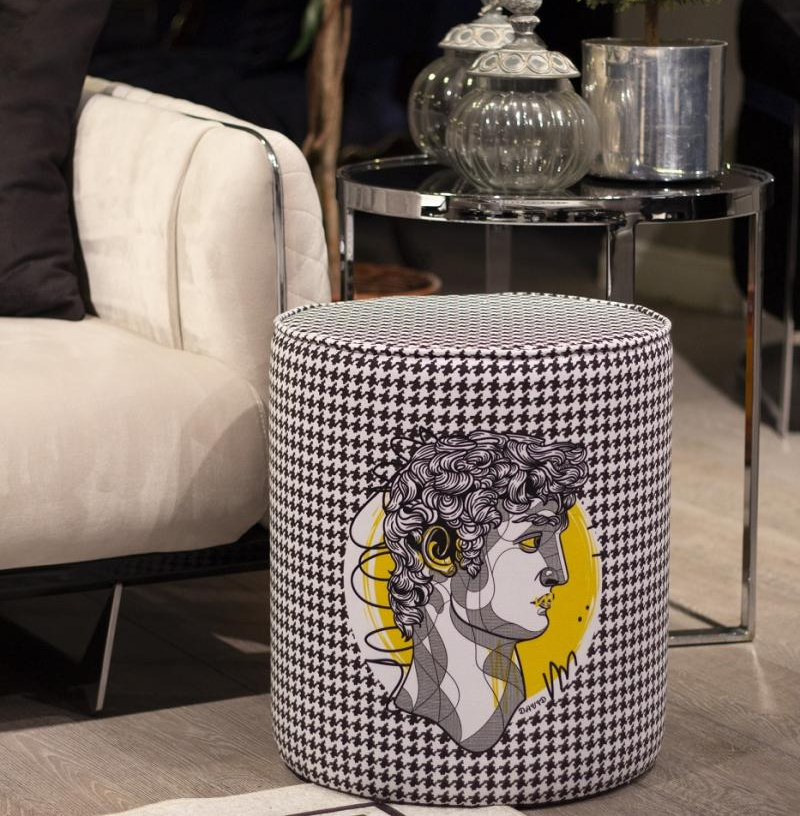 Luxury Suede Pouf - Renaissance David Art & Houndstooth Design