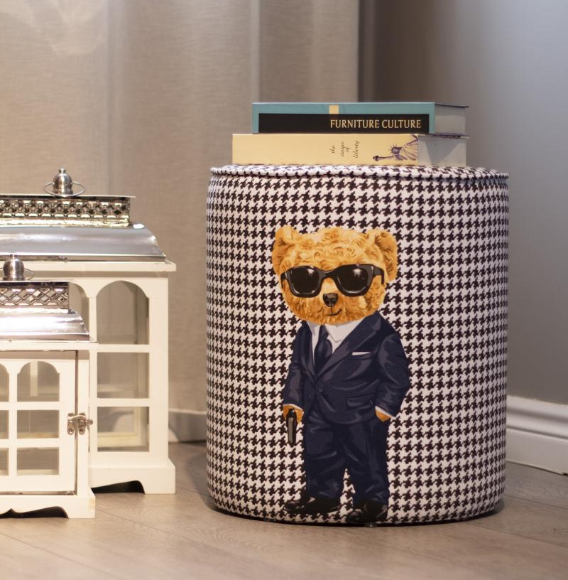 Luxury Suede Pouf - Monochrome Houndstooth & Tailored Bear Design
