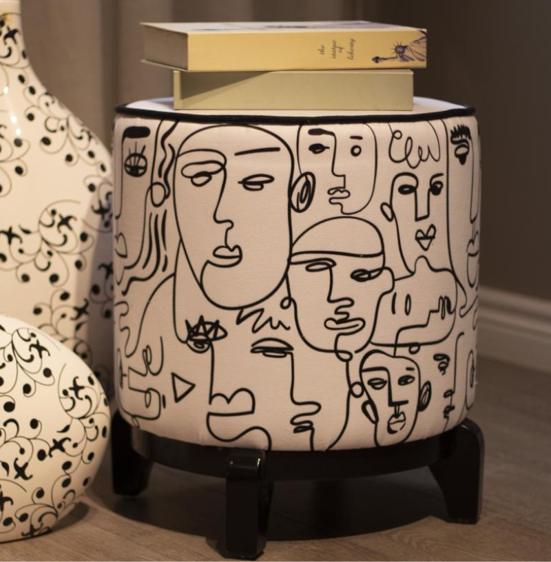 Luxury Suede Pouf - Abstract Line Art & Minimalist Wood Base