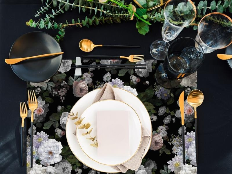 Black Flower Design Placemat Set