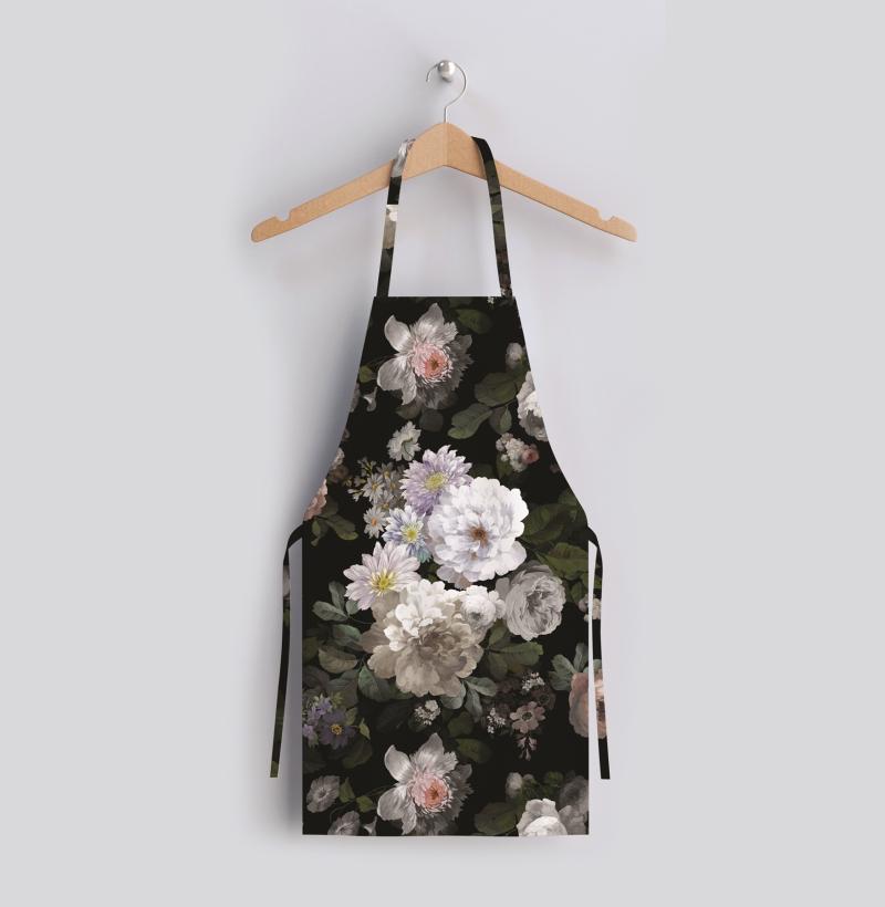 Black Flower Design Fine Linen Kitchen Apron