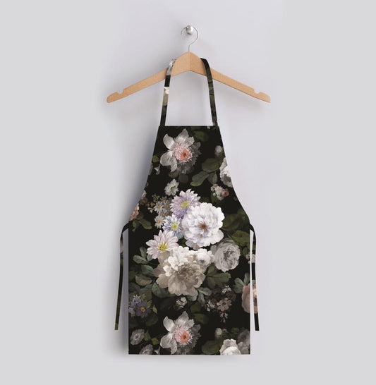 Black Flower Design Fine Linen Kitchen Apron