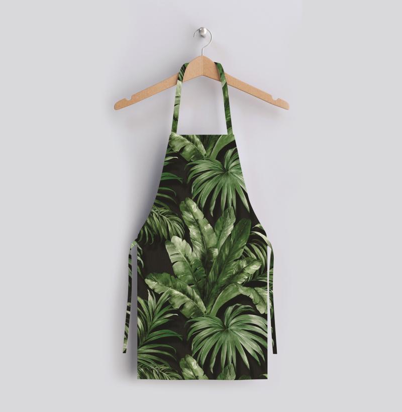 Black Tropical Leaf Fine Linen Kitchen Apron
