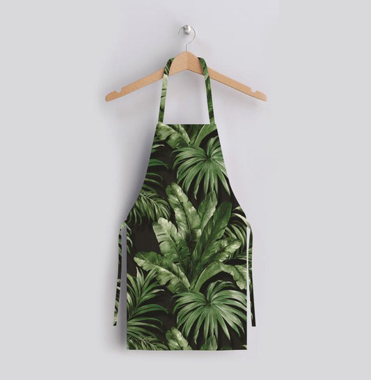 Black Tropical Leaf Fine Linen Kitchen Apron