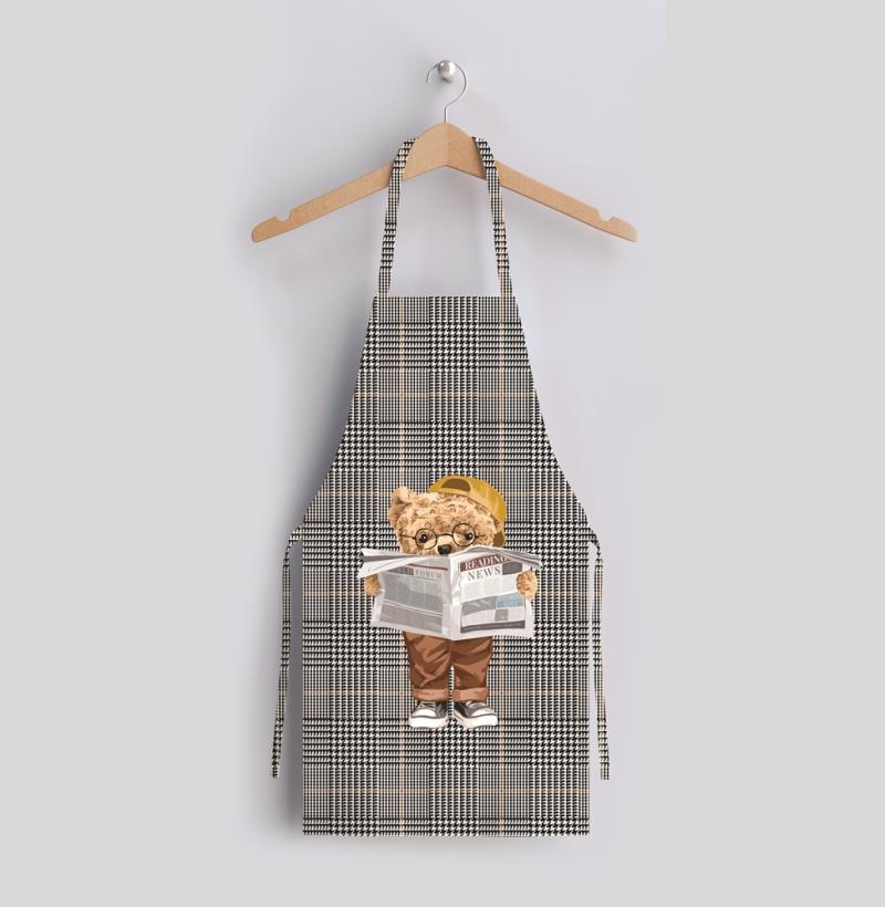 Luxury Fine Linen Apron - Distinguished Teddy Bear & Plaid Motif
