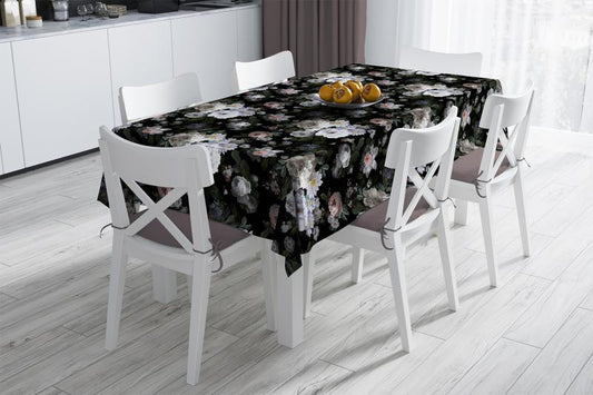 Black Flower Design Fine Linen Table Cloth