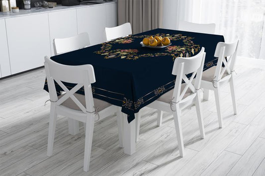 Navy Blue Classical Floral Fine Linen Table Cloth