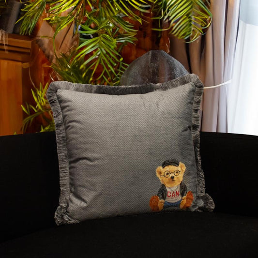 Luxury Velvet Decorative Cushion - Grey With Big Bear (45 × 45 cm)